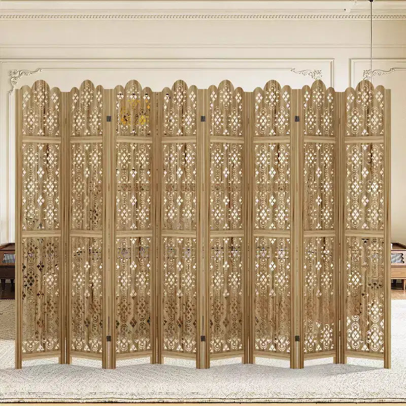 Carved Room Divider Folding Screen Room Divider with Copper Coin Pattern for Home Office Garden Terrace Paulownia Wood