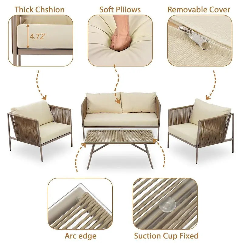 4 PCS Outdoor Rope Patio Set for 4 with Cushions and Glass Table