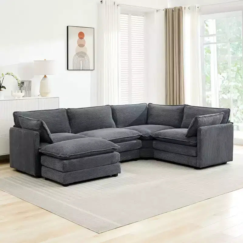 Modern 113.4D*79.13W Oversized Corduroy Modular 5-Seat Sectional Sofa Set with Ottoman U Shaped Sofa Couch with Corner Sofa,HYLEORY