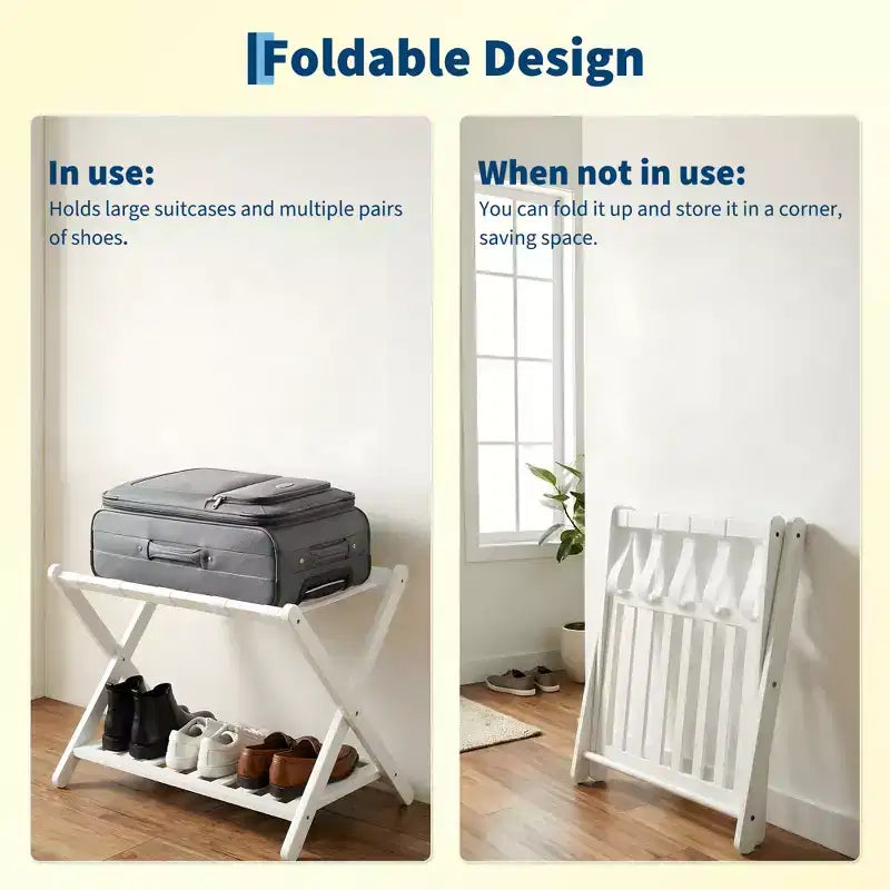 2-Pack Folding Bamboo Luggage Rack with 2-Tier Shelf  Premium White Suitcase Stand Holds 150 lb for Bedrooms & Hotels