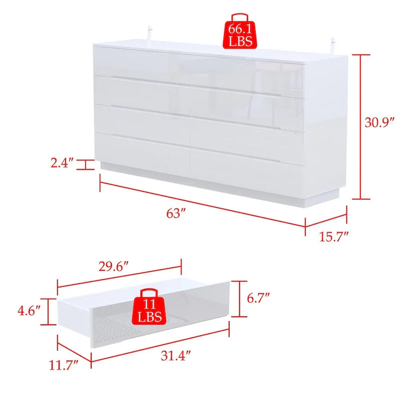63 High Gloss Dresser With Light Chest w/8 Drawers&Spacious Tabletop