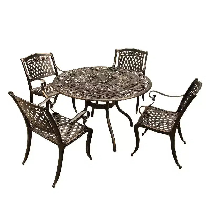 5pc Patio Dining Set, 48 Traditional Mesh Lattice Aluminum Round Table, UV-Resistant Bronze Finish - Oakland Living: Outdoor Seating for Four