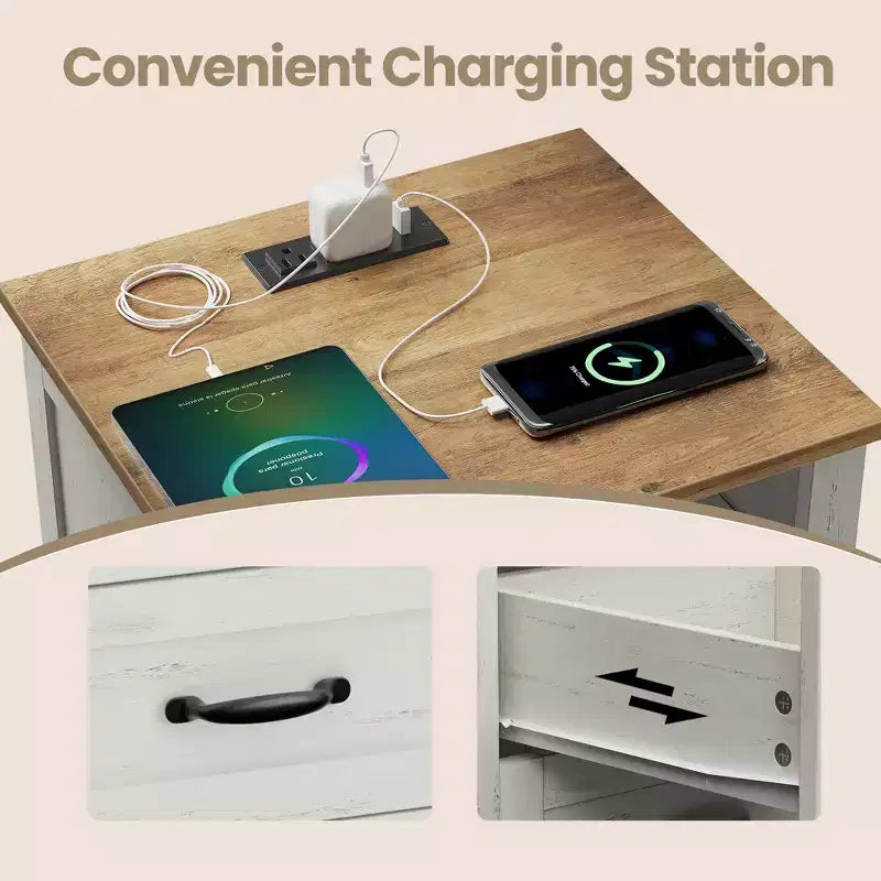 Set of 2 Farmhouse Nightstands with USB Charging - 2-Drawer Bedside Tables, Rustic Modern Design