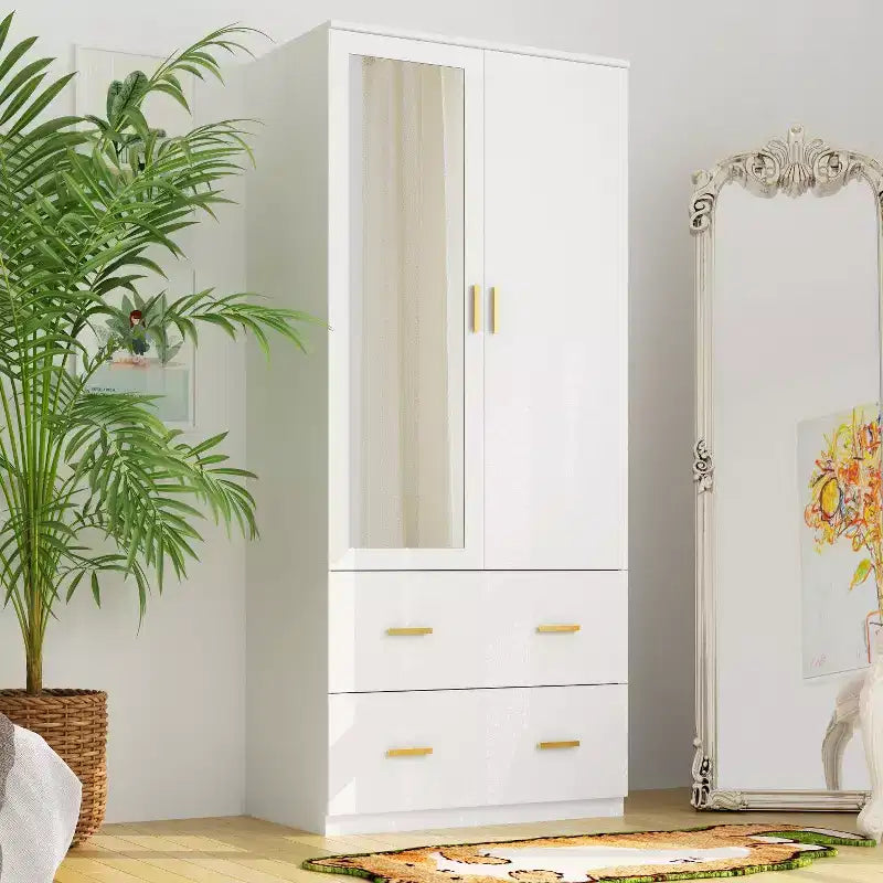 Hitow Armoire Double Drawer Mirrored Door Closet Zoned Storage
