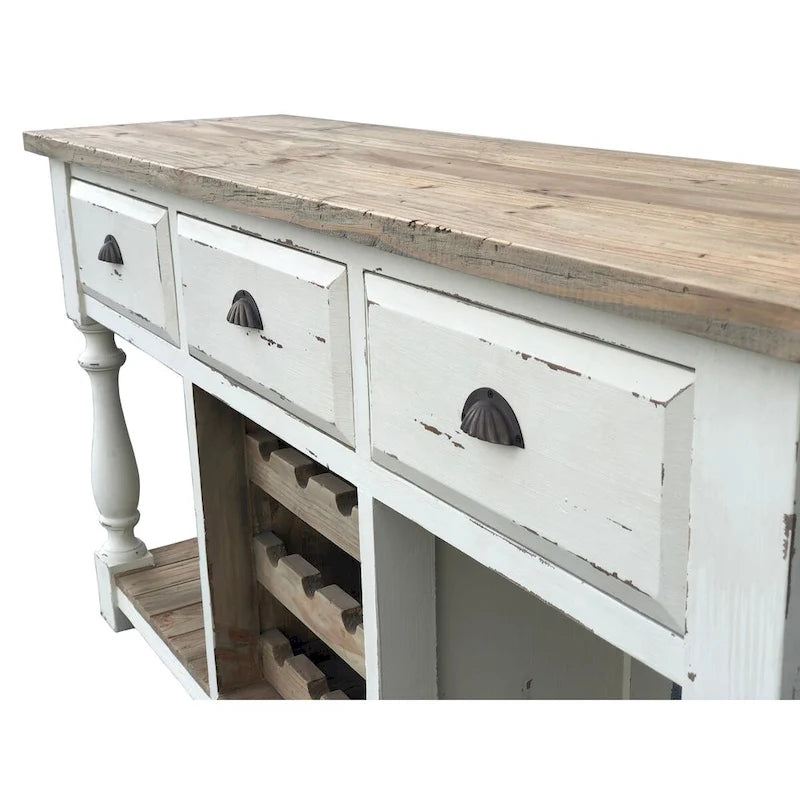 Console de Ferme Range-Bouteilles avec Finition Blanc Craie et Plateau Naturel