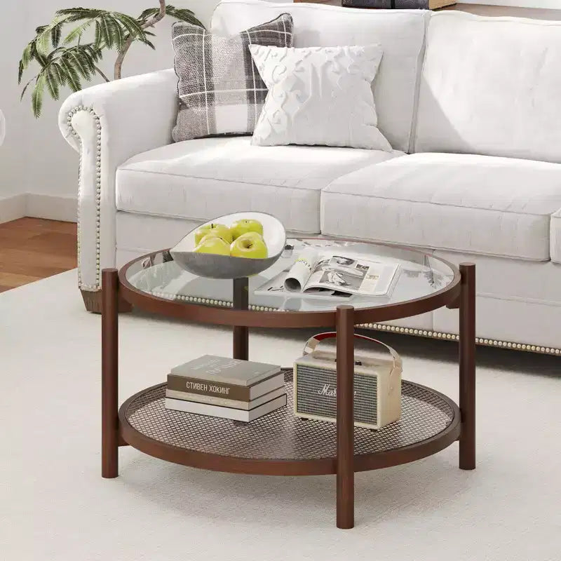 31 Round Coffee Table with Tempered Glass Top & Rattan Shelf