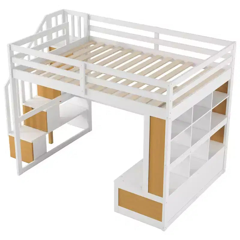 Full Size Loft Bed with Stairs and Desk, Wood Loft Beds Frame with Storage Drawers and Bookcase Shelves for Adults Teens Kids