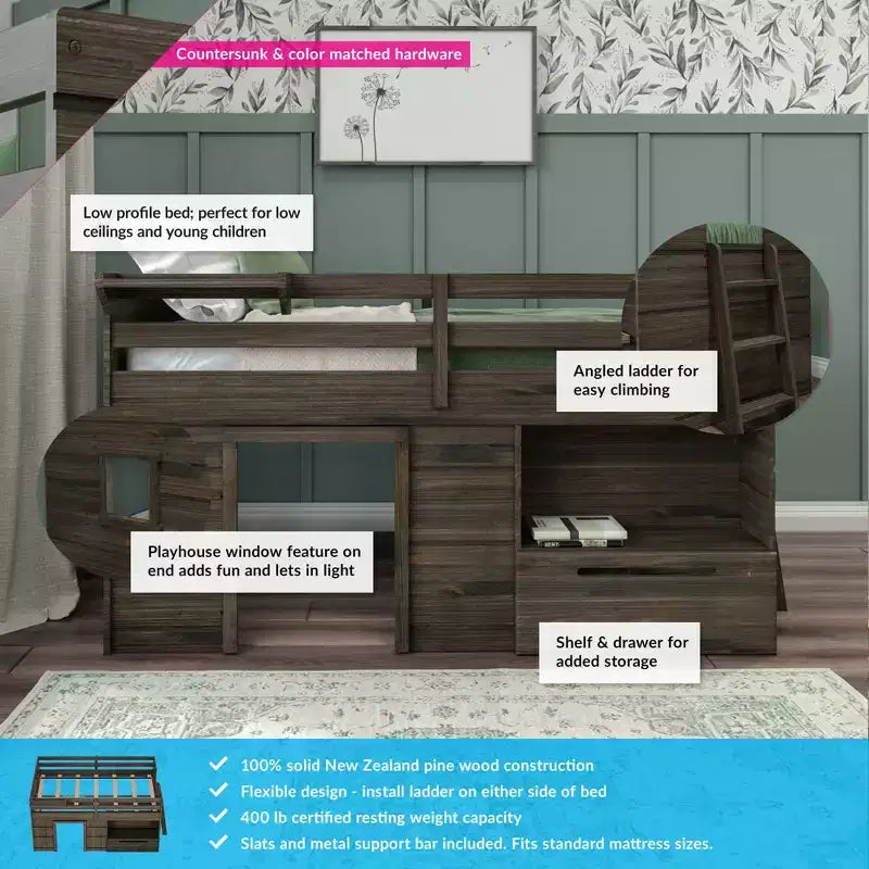 Max & Lily Modern Farmhouse Low Loft Bed with Storage Drawer, Solid Wood Bed for Kids