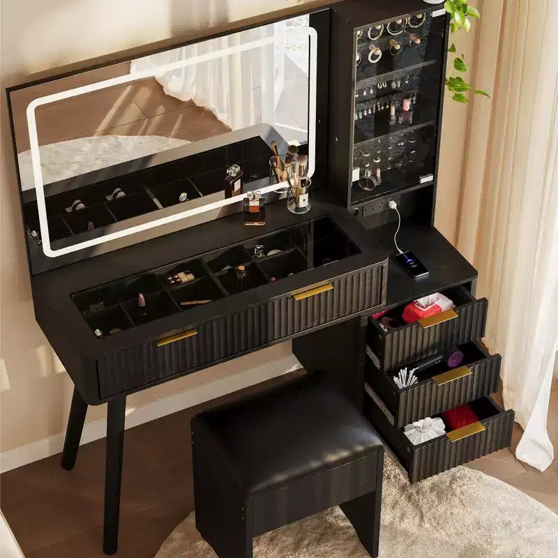 Coiffeuse cannelée de 122 cm avec miroir et lumières LED, station de charge, tabouret de rangement rembourré pour chambre à coucher
