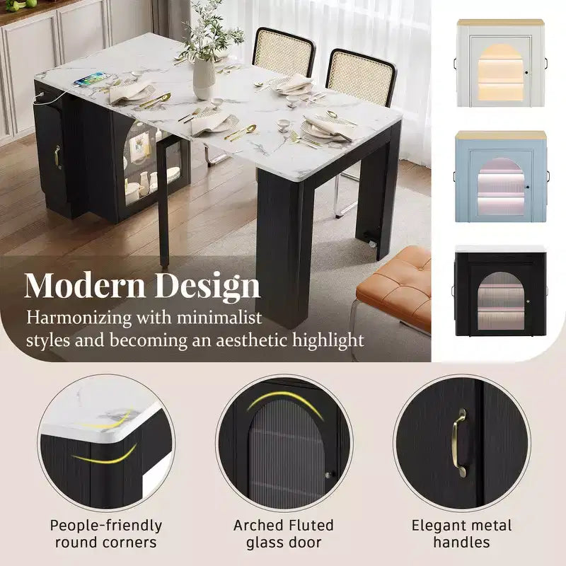 Whisen Extendable Dining Table, Mobile Rolling Island Table with 3 Removable Middle Leaves, Storage Cabinet