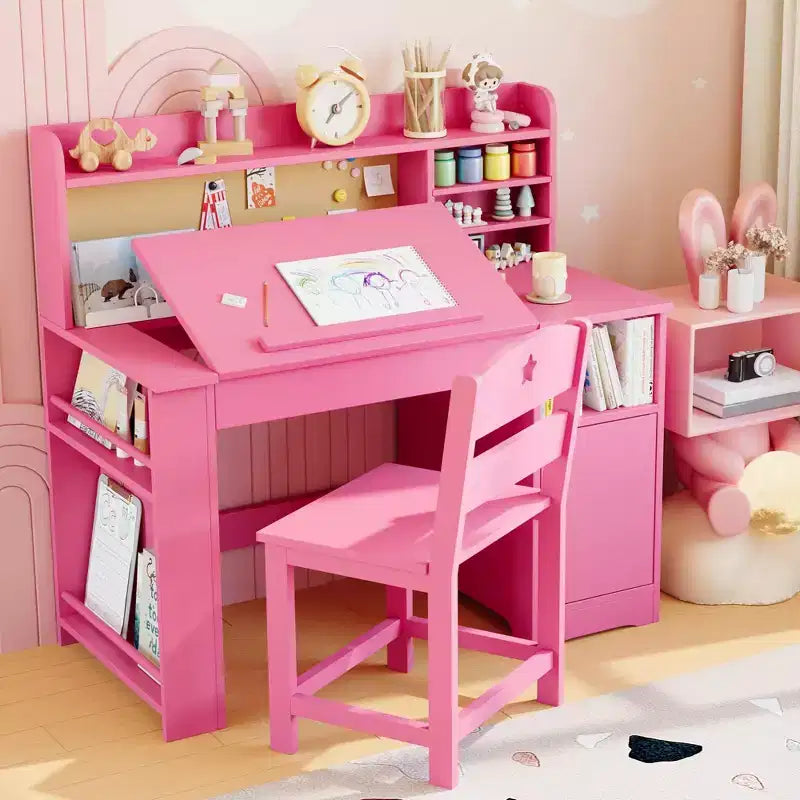 Kids Study Desk & Chair Set with Storage, Kids Study Desk with Hutch and Tiltable, Wooden Children Table with Storage Cabinet for 3-8 Years Old
