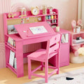 Kids Study Desk & Chair Set with Storage, Kids Study Desk with Hutch and Tiltable, Wooden Children Table with Storage Cabinet for 3-8 Years Old