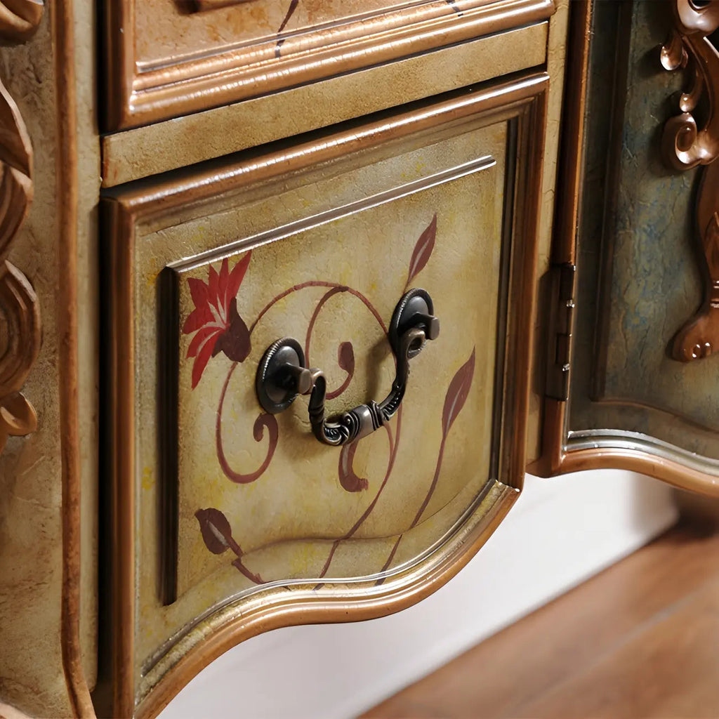 French Coffee Wood Storage Console Table with Drawers