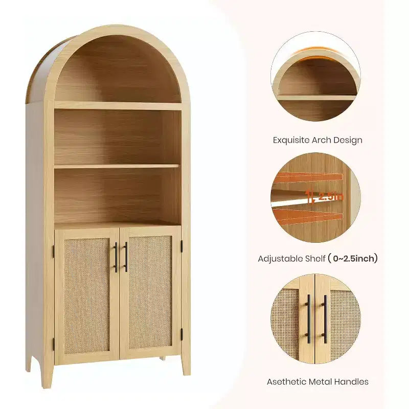 5-Tier Open Display Shelf with Rattan Decor, Farmhouse Storage Cabinet, Arched Kitchen Pantry Storage Cabinet, for Home, Office, Living Room