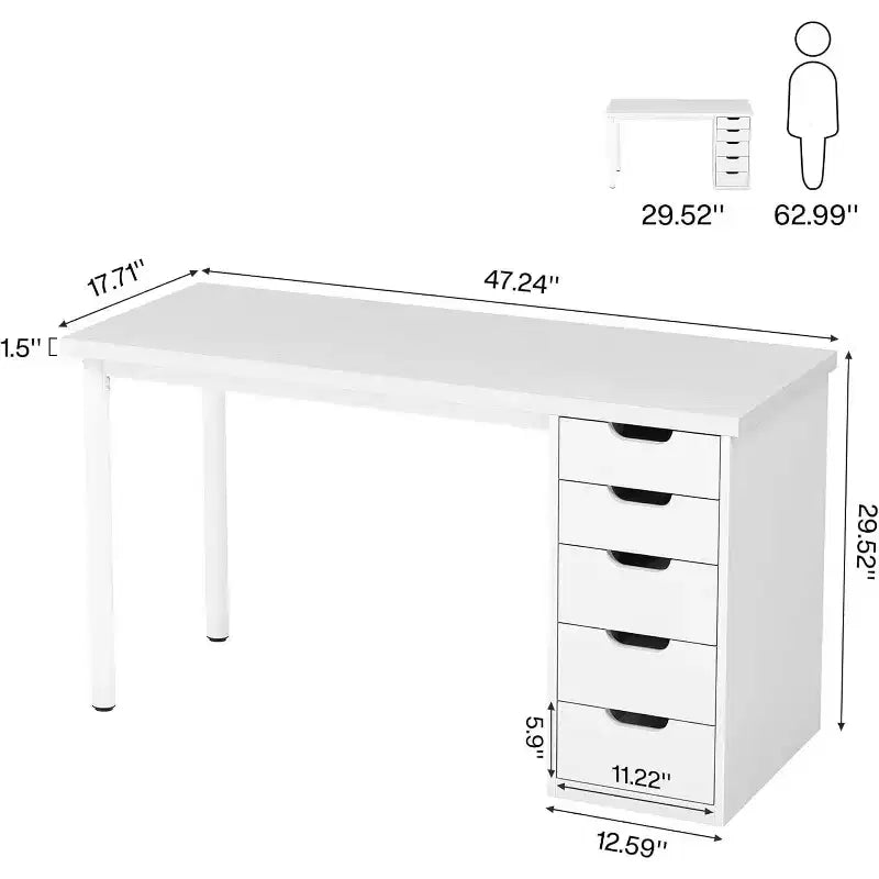 Lantine Computer Desk with 5 Drawers, 47 inches Modern Simple Home Office Desk Study Writing Table for Small Spaces