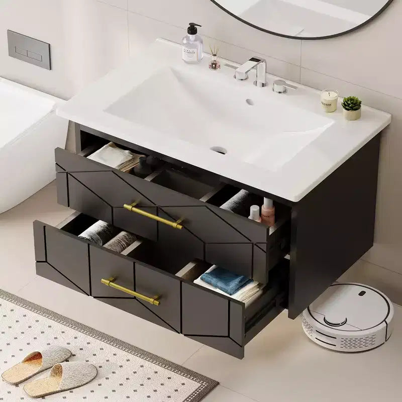 Modern Floating Bathroom Vanity Set with Basin - Wall-Mounted Cabinet with Soft-Close Storage Drawer and Gold Handle, 24 or 30 Size