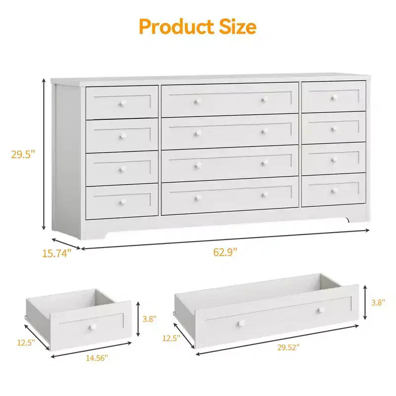 12 Drawers Dresser for Bedroom Wooden, Modern Wide TV Stand Dressers for 65 Inch TV, Wood Chest of Drawers, Farmhouse Clothes Storage for Living Room
