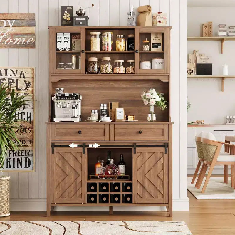 72 Farmhouse Bar Cabinet with Sliding Barn Door  Large Kitchen Buffet with Hutch, Charging Station, 2 Drawers & 8 Storage Shelves  Coffee