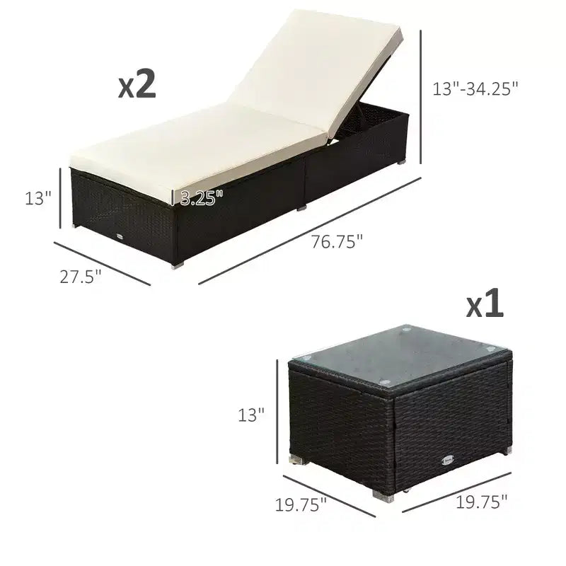 Chaise Lounge Chair Set of 2 with 5 Angle Backrest, Outdoor Coffee Table, Water Repellent Cushions, PE Rattan Wicker Poolside Chairs