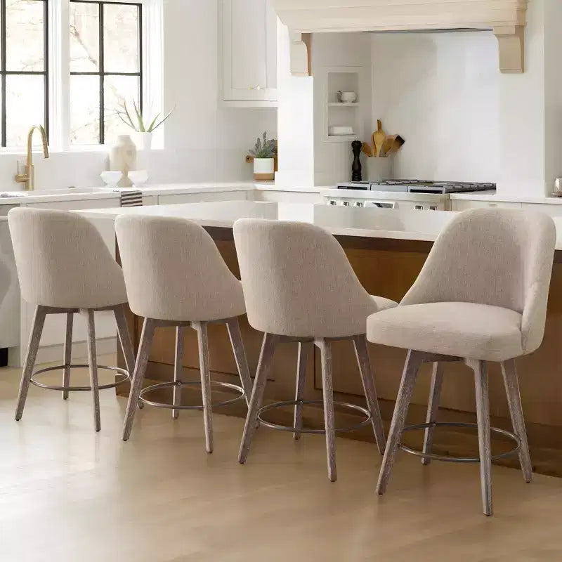 Lot de 4 tabourets de bar pivotants à hauteur de comptoir Bekrvio 26 po avec dossiers et pieds en bois, tabourets de bar rembourrés en tissu lin/similicuir pour îlot de cuisine