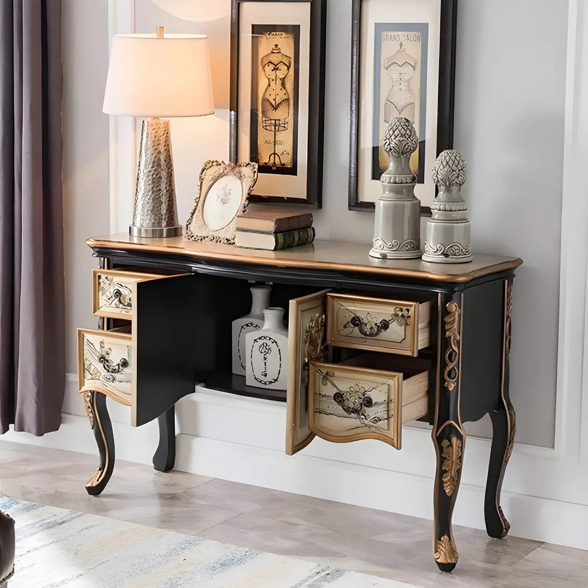 French Coffee Wood Storage Console Table with Drawers