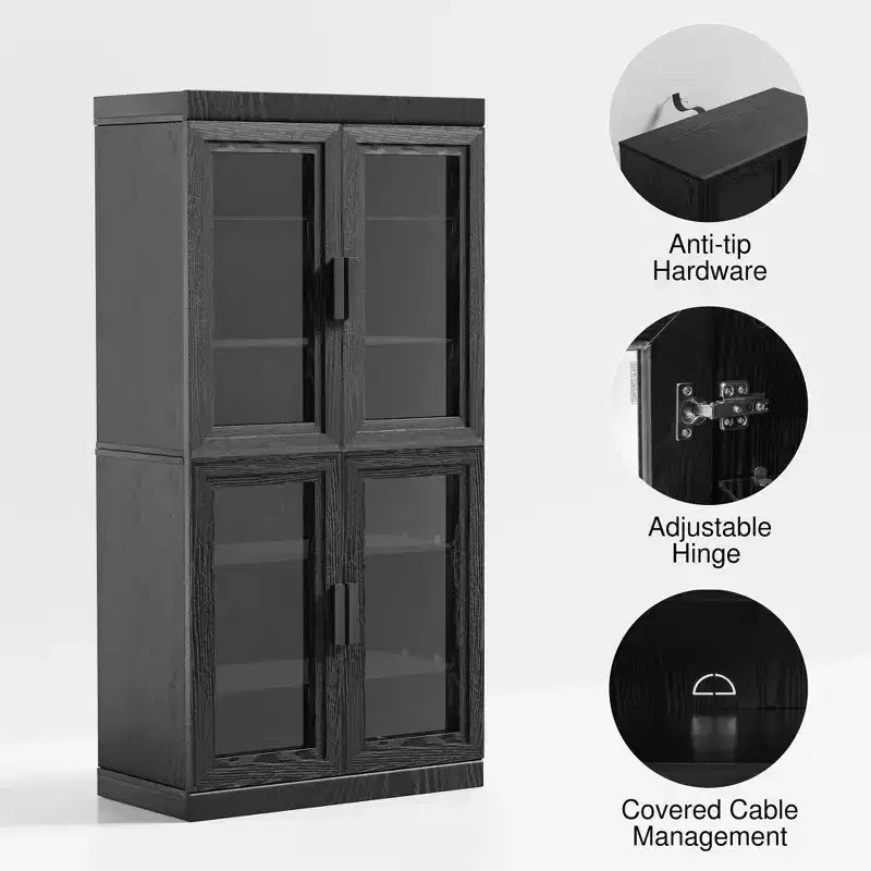 62 High Black Glass Door Wood Grain Decorative Storage Cabinet Display Cabinet, with Sufficient Space for 12 Shelves