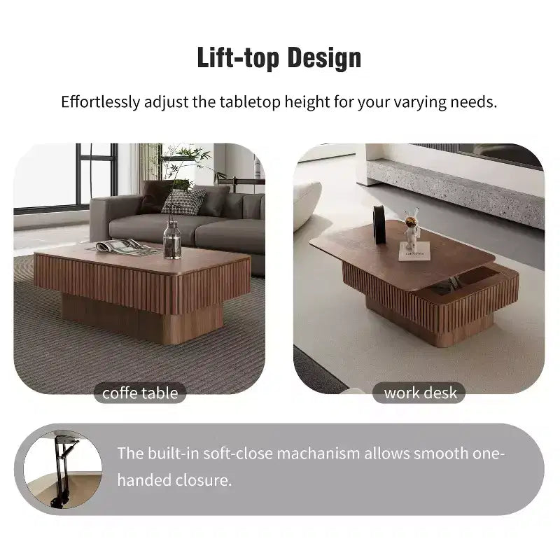 JVNOXK 38.6 Fluted Lift-Top Coffee Table with Storage, Solid Wood Veneer Adjustable Height Modern Accent Table for Living Room, Bedroom, Walnut