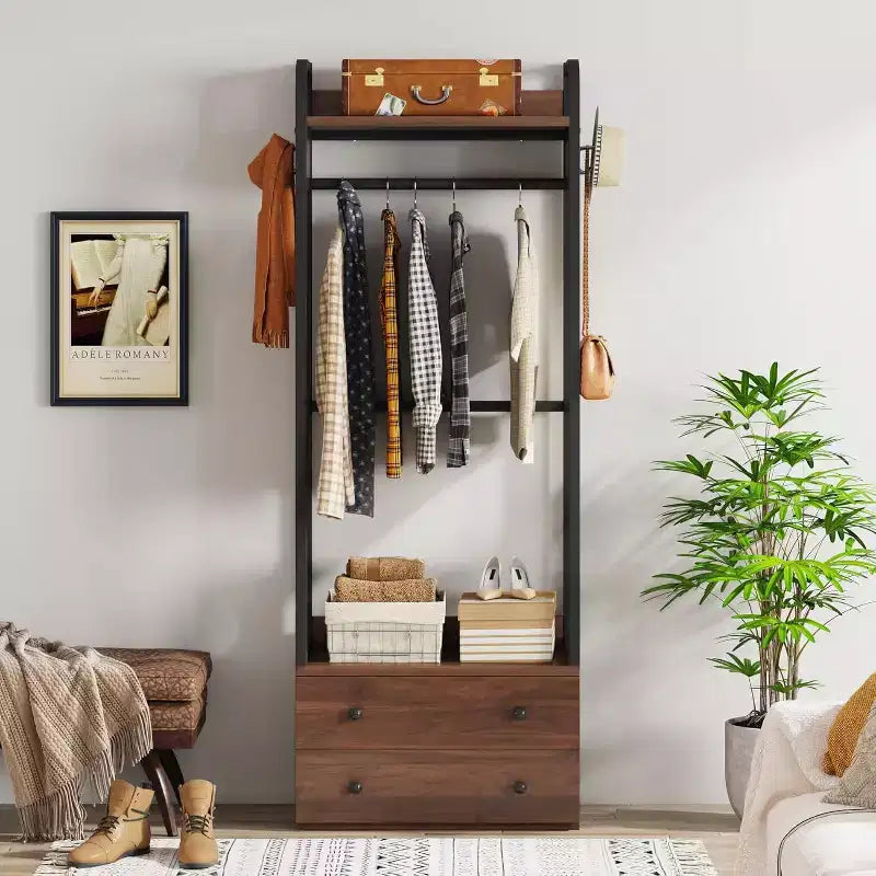 Lantine Freestanding Closet Organizer, Small Clothes Rack with Drawers and Shelves, Heavy Duty Garment Rack for Hallway, Entryway, Bedroom