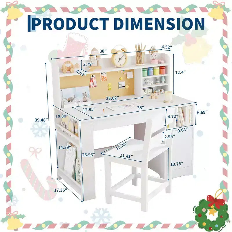 Kids Study Desk & Chair Set with Storage, Kids Study Desk with Hutch and Tiltable, Wooden Children Table with Storage Cabinet for 3-8 Years Old