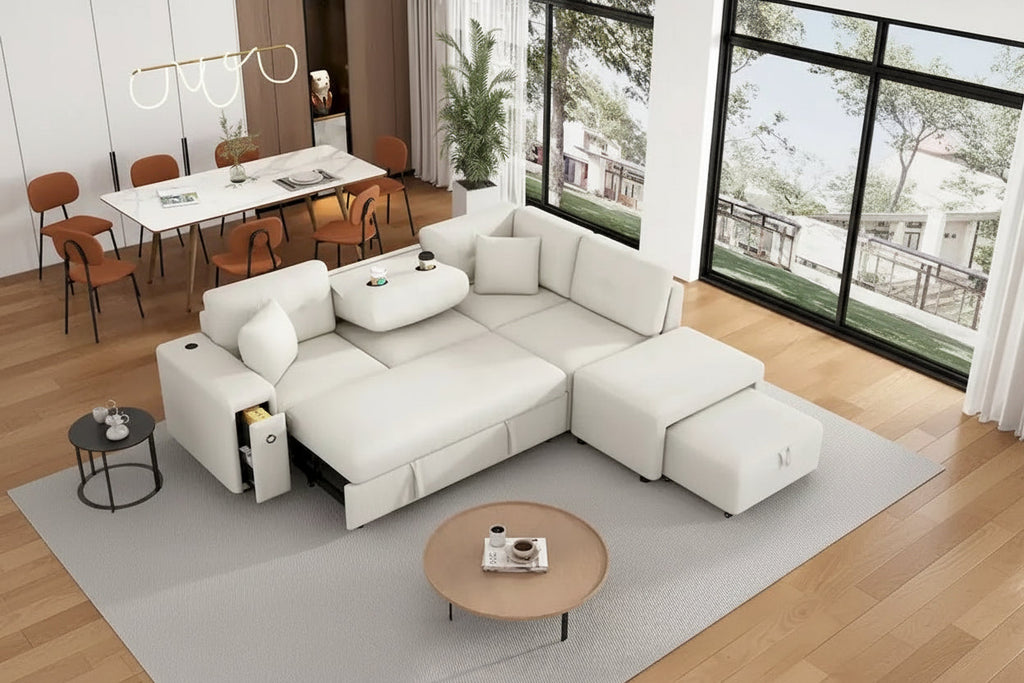 Canapé d'angle 4 places avec lit gigogne, pouf, ports USB et tablette rabattable