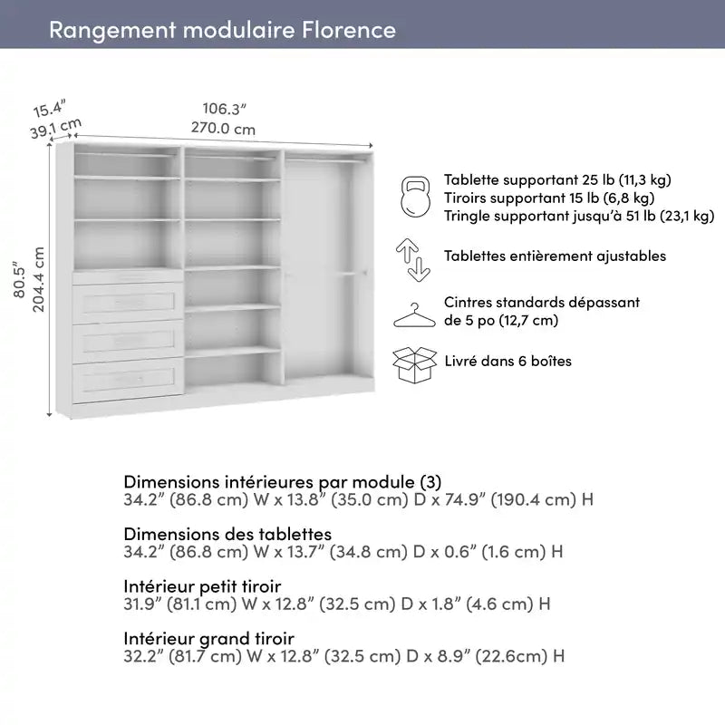 107 Modular Walk-In Closet System with Rods, Shelves and Drawers Shaker Style
