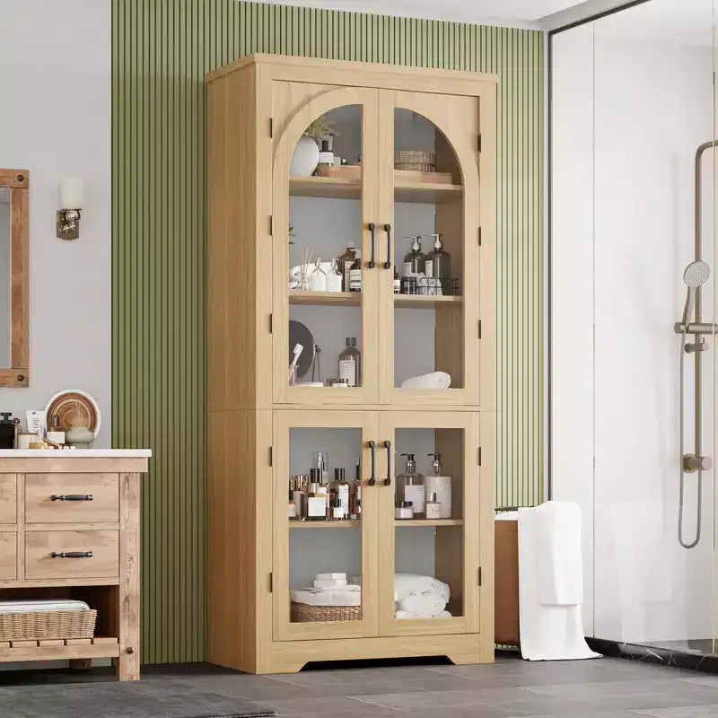 70 Tall Kitchen Pantry Cabinet, Modern Display Cabinet with 4 Arched Glass Doors and Adjustable Shelves, for Kitchen, Living Room, Dining, Bathroom