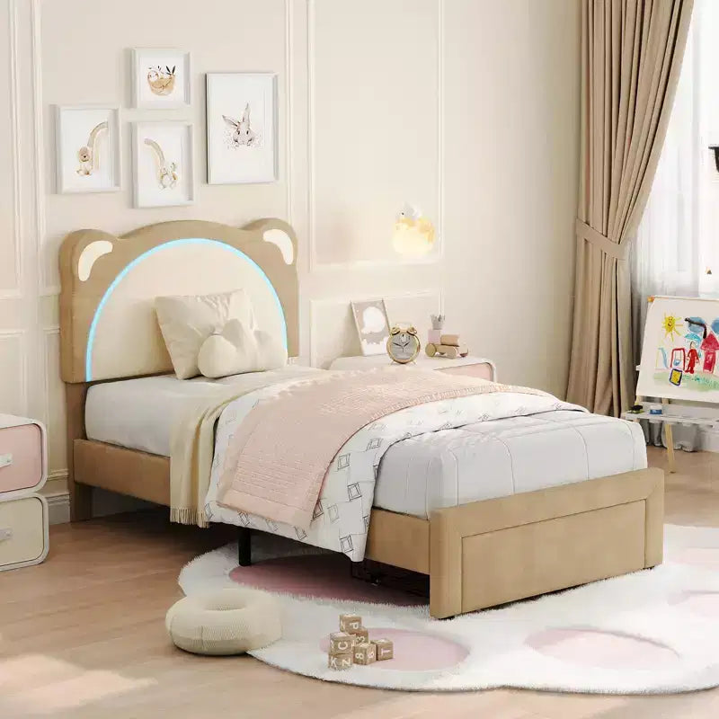 Cute Kids Bed Frame - Adjustable adorable bear design, suede upholstery, storage drawers, solid wood slats, quiet design, easy to assemble.