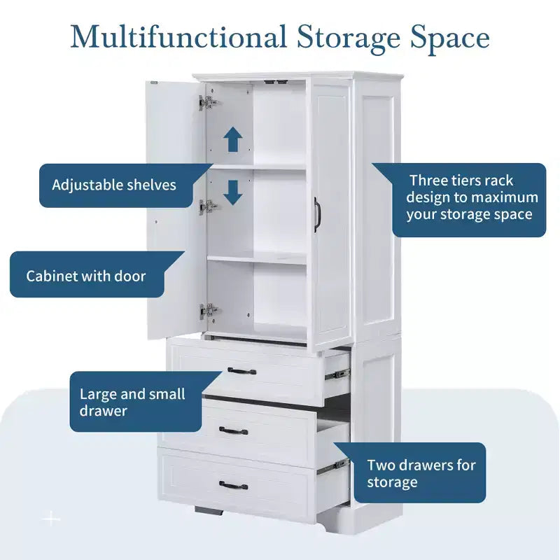 Bathroom Storage Cabinet, Freestanding Cabinet with Adjustable Shelf, 2 Drawers and 2 Doors for Bathroom, Home Office, Kitchen, Living Room, Bedroom