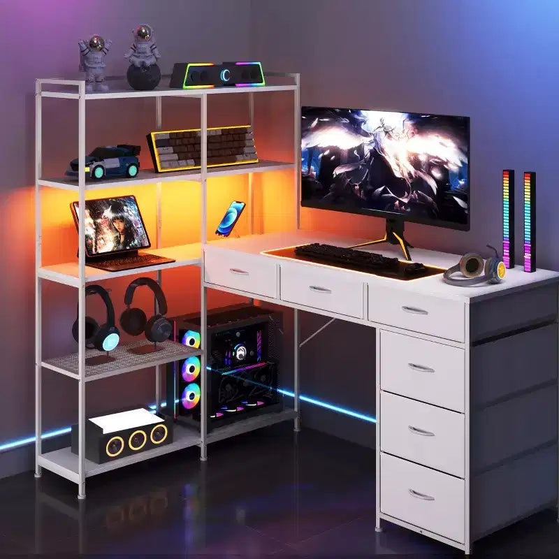 47 L-Shaped Computer Desk with 6 Drawers & 5-Tier Shelves, Reversible Corner Gaming Desk with LED Lights & Power Outlets