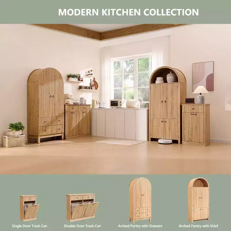71 Tall Arched Kitchen Pantry, Modern Storage Cabinet with 3 Adjustable Shelves, 6 Door Shelves, for Kitchen, Living Room