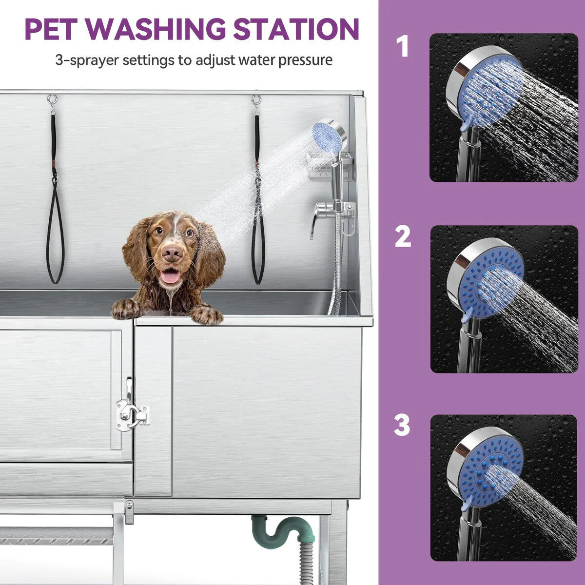 Baignoire de toilettage pour animaux de compagnie réglable, 50 W, en acier inoxydable, avec rampe à marches
