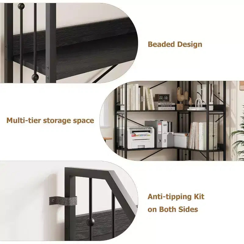 Étagère d'angle en forme de L, étagère d'angle de style industriel à cinq niveaux en forme de L avec perles décoratives, convient pour les salons