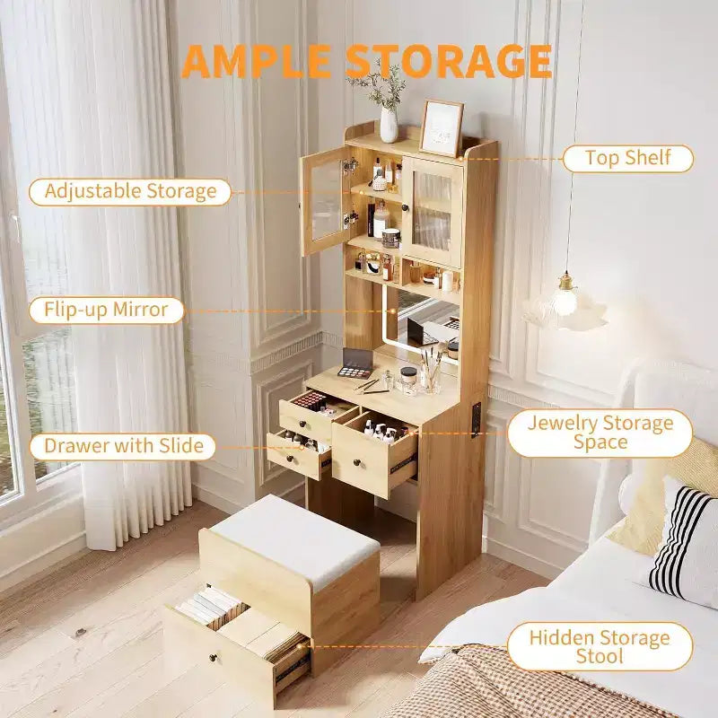 3-in-1 Makeup Vanity Desk with Lighted Mirror, Compact Vanity Table with Drawers, Storage Compartment & Rolling Stool for Bedroom