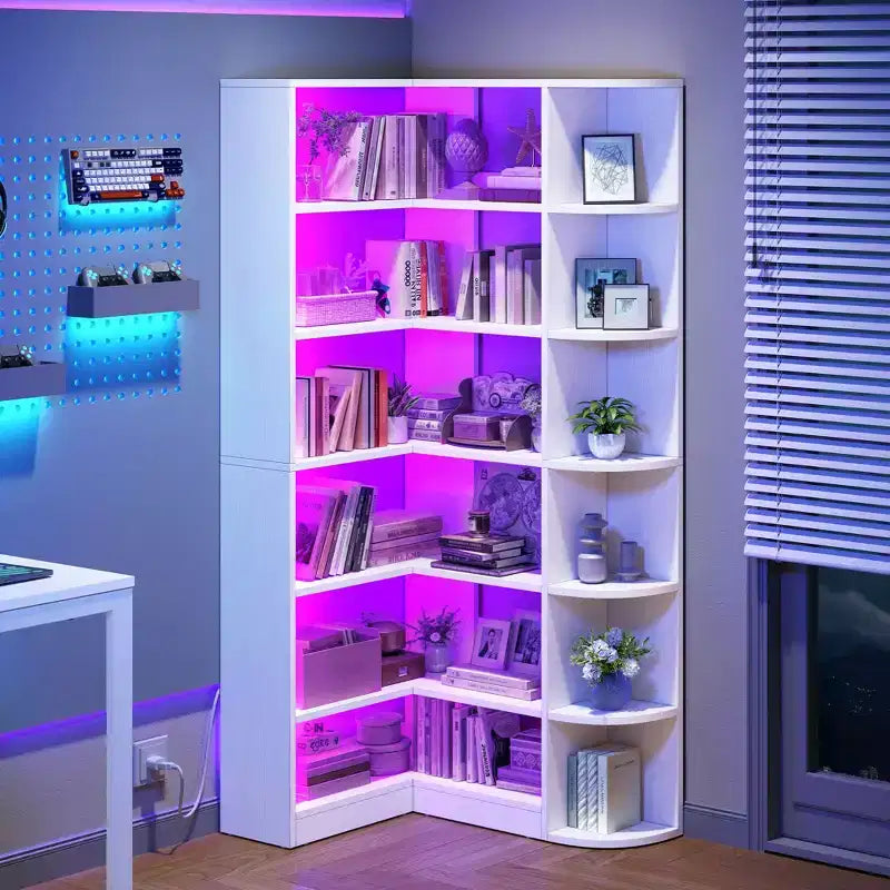 6 Tier Bookshelf with LED Light 70.8inch Modern Bookcase, L-Shaped Bookcase Corner shelf Storage Organizer Display Shelf