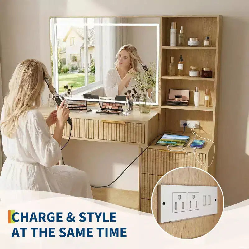 Makeup Vanity Desk with Lighted Mirror & Charging Station, 3-Color Dimmable Touch, 5 Drawers & Glass Top, Modern Bedroom Dressing Table