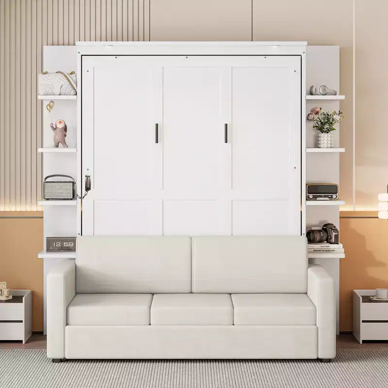 Queen Murphy Bed Wall Bed with Sofa, Queen Size Cabinet Bed Folding Wall Bed with Bookshelf and Shelves for Guest Room Office
