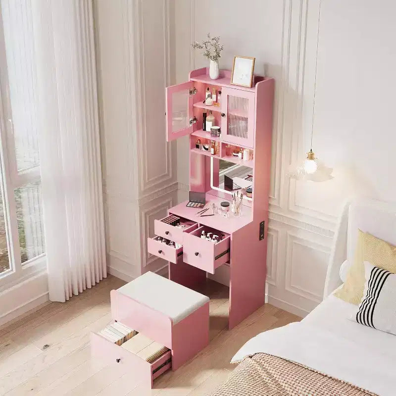 3-in-1 Makeup Vanity Desk with Lighted Mirror, Compact Vanity Table with Drawers, Storage Compartment & Rolling Stool for Bedroom
