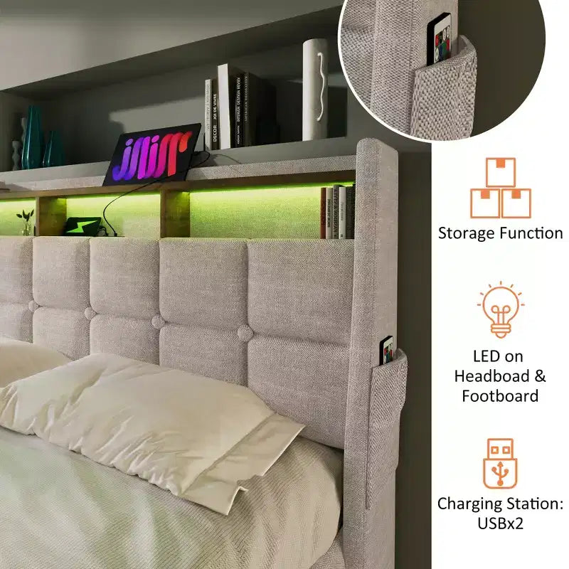 Queen Bed with Hydraulic Storage, LED, USB, Upholstered Headboard, No Box Spring, Easy Assembly