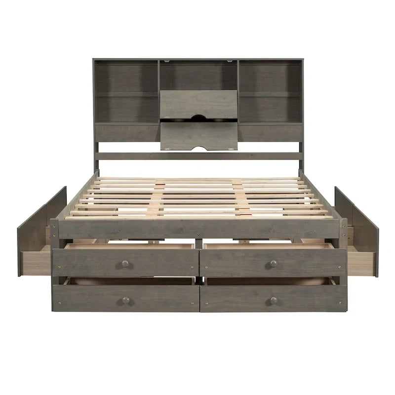Gray Queen Size Modern Wooden Bed with Storage Headboard and 8 Drawers