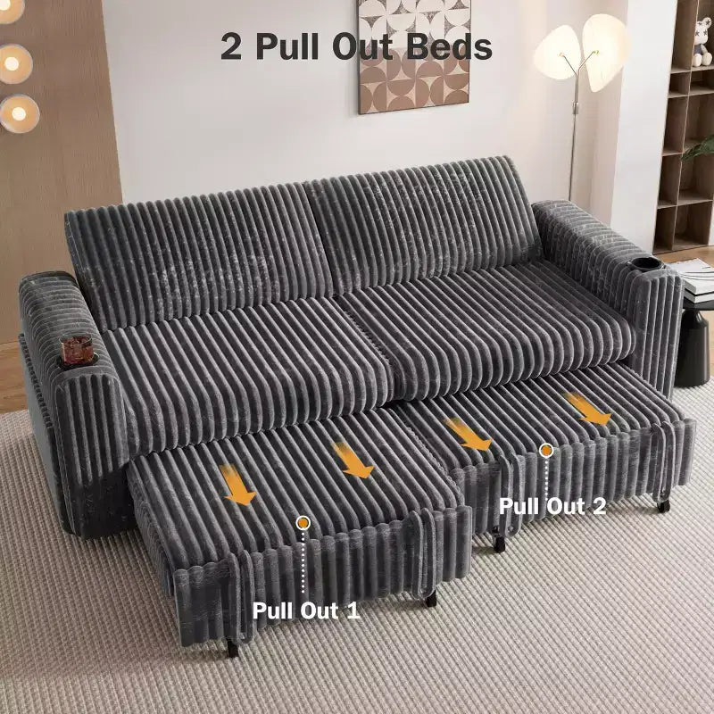 Dyonery 91 Sectional Sleeper Sofa Bed with Pull Out Bed,Reclining Backrest/Two Pull Out Beds/USB Ports/Cup Holders, Plush Corduroy