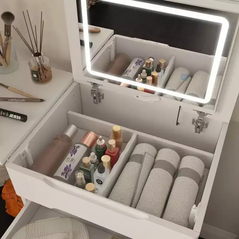 Famapy White Foldable Storage Vanity - Compact Makeup Table with Organization