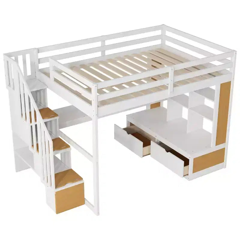 Full Size Loft Bed with Stairs and Desk, Wood Loft Beds Frame with Storage Drawers and Bookcase Shelves for Adults Teens Kids