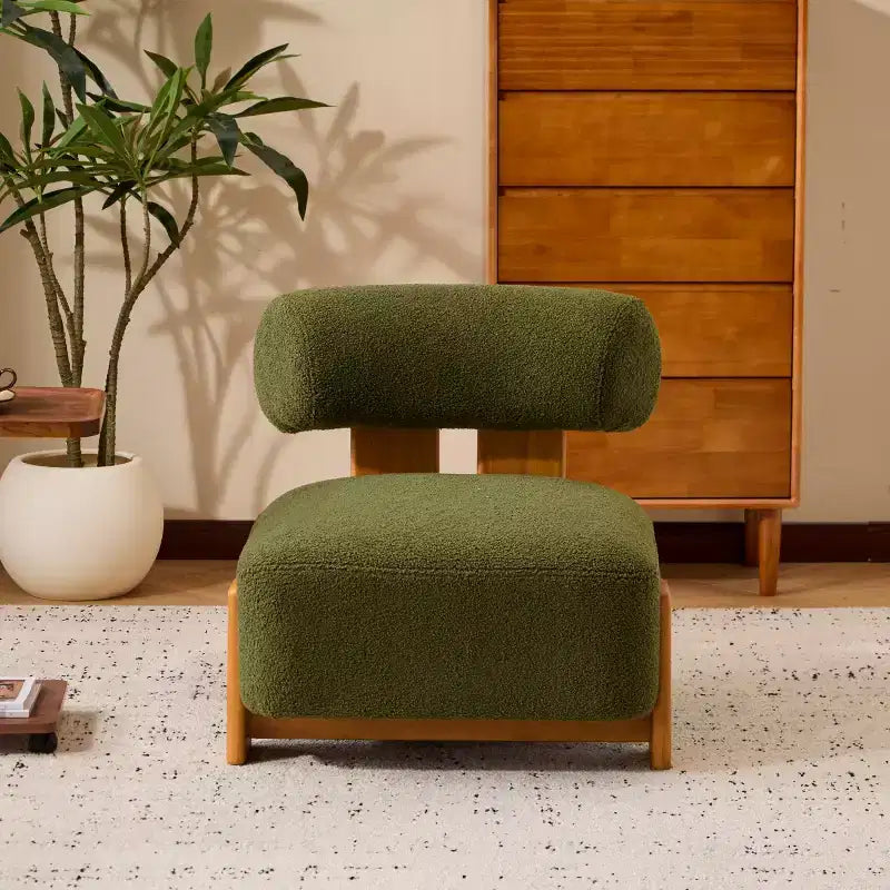 Modern Boucle Accent Chair with Rolled Backrest, Solid Wood Frame, Upholstered Accent Seating for Living Room, Bedroom, or Office