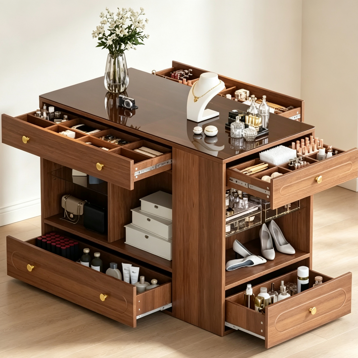Closet Island with 6 Drawers, Glass Display Top & Open Shelves